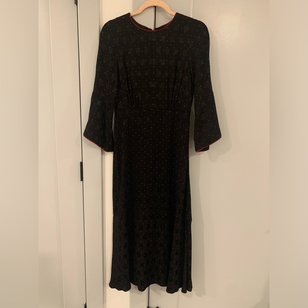 CEFINN Black Silky Midi Dress with Red Trim